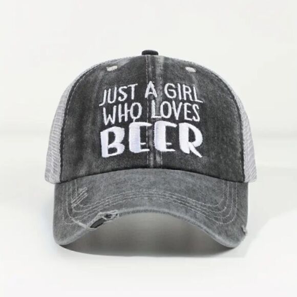 NEW! Trendy Baseball Cap GIRL WHO LOVES BEER Washed Distressed Trucker Ball Game - Picture 1 of 5
